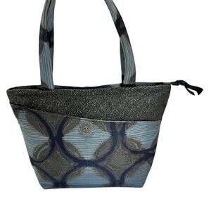 Shoulder Bag Tote Jacquard Woven Fabric Blue Gray Purse Handles Artistic Earthy